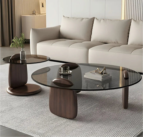 DUO – Table Basse Coffee en Verre Sécurisé et Bois Plaqué Noyer