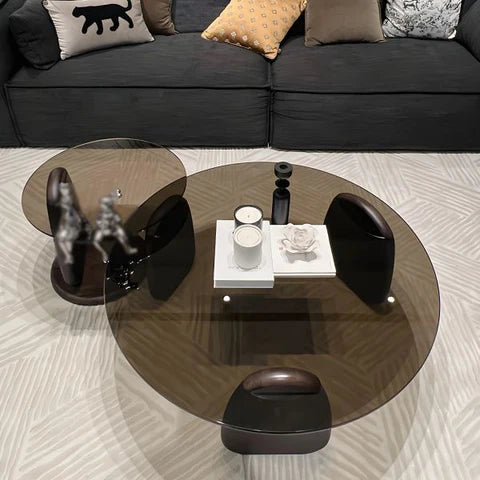 DUO – Table Basse Coffee en Verre Sécurisé et Bois Plaqué Noyer