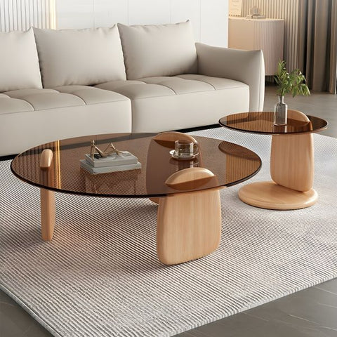 DUO – Table Basse Coffee en Verre Sécurisé et Bois Plaqué Noyer